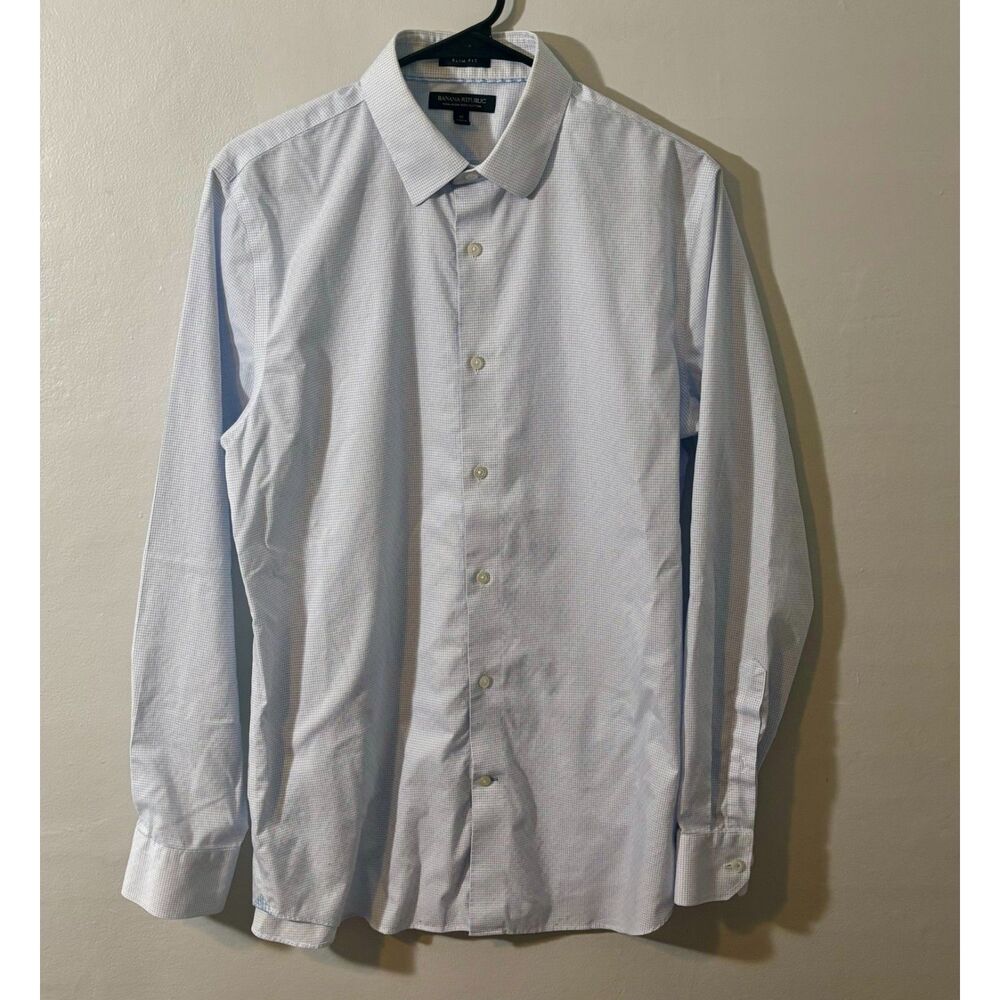 Banana Republic Men’s Slim Fit Dress Shirt M Blue Check Non-Iron 100% Cotton